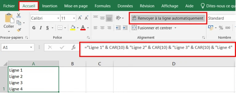 Renvoyer à la ligne automatiquement Excel avec Formule